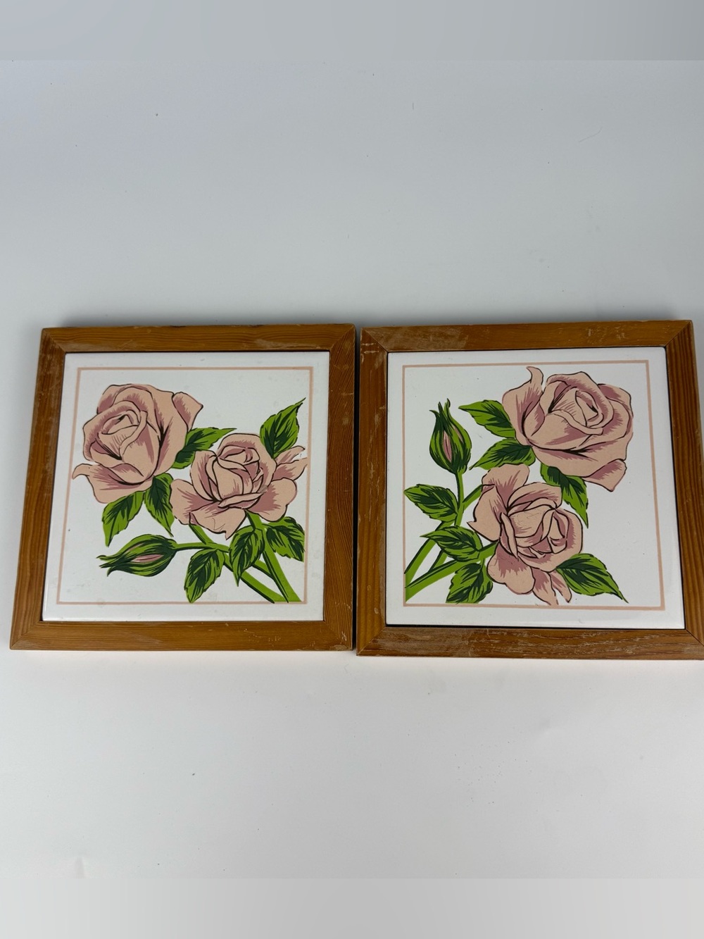 Vintage Square Wood Plaque Pink Rose White Ceramic Tile W/Hanging Hook 7”x7”